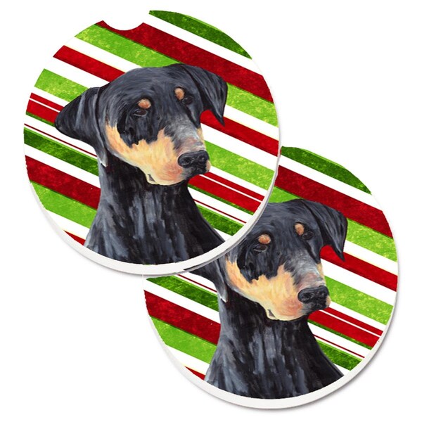 Carolines Treasures Doberman Candy Cane Holiday Christmas Set of 2 Cup Holder Car Coaster SC9337CARC - main